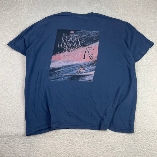 Quiksilver Blue Eddie Aikau Waimea Bay Hawaii Surf Graphic Shirt (XL)