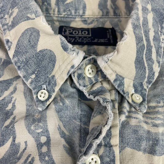 Vintage Polo Ralph Lauren Blue Damask Hawaiian Button Up Shirt XL