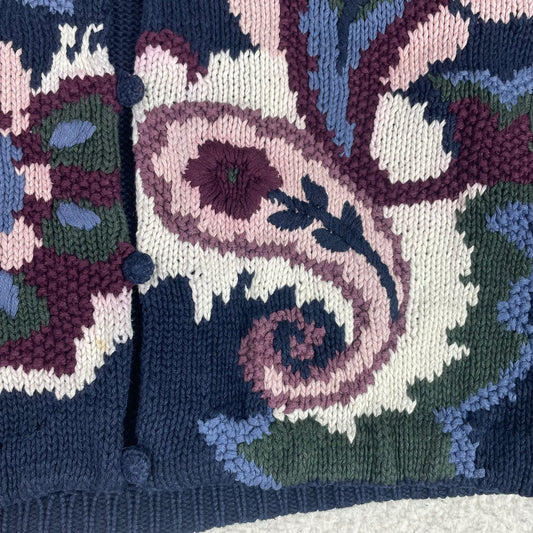 Vintage Paris Sport Club Navy Paisley Hand Knit Chunky Cardigan Sweater M
