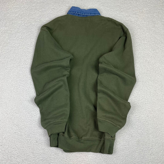Vintage Mixed Materials Denim Ribbed Long Sleeve Polo