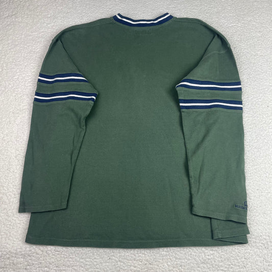 Vintage Higher State Green Striped V-Neck Sweatshirt XL Preppy Bloke