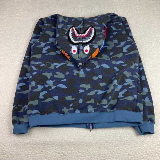 A Bathing Ape Blue Camo Shark Full Zip Hoodie 3XL WGM Patches
