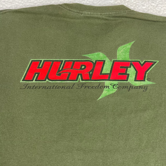 Vintage Hurley Olive Green Logo Graphic Long Sleeve Shirt XL Made In USA