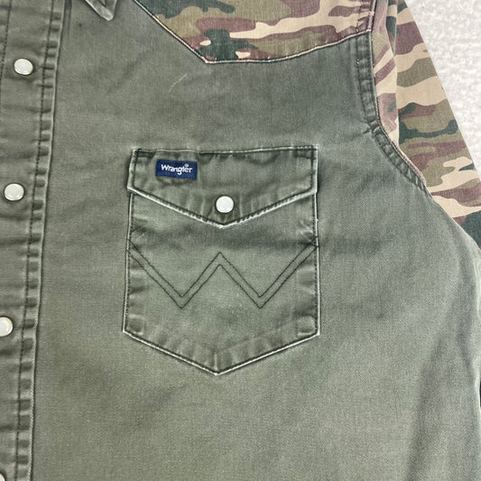 Wrangler Olive Green Camo Western Button Up Shirt L Snap Button Ranch