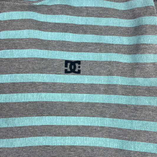 Y2K DC Shoes Grey Blue Striped Graphic Hoodie L Skate Streetwear Distress