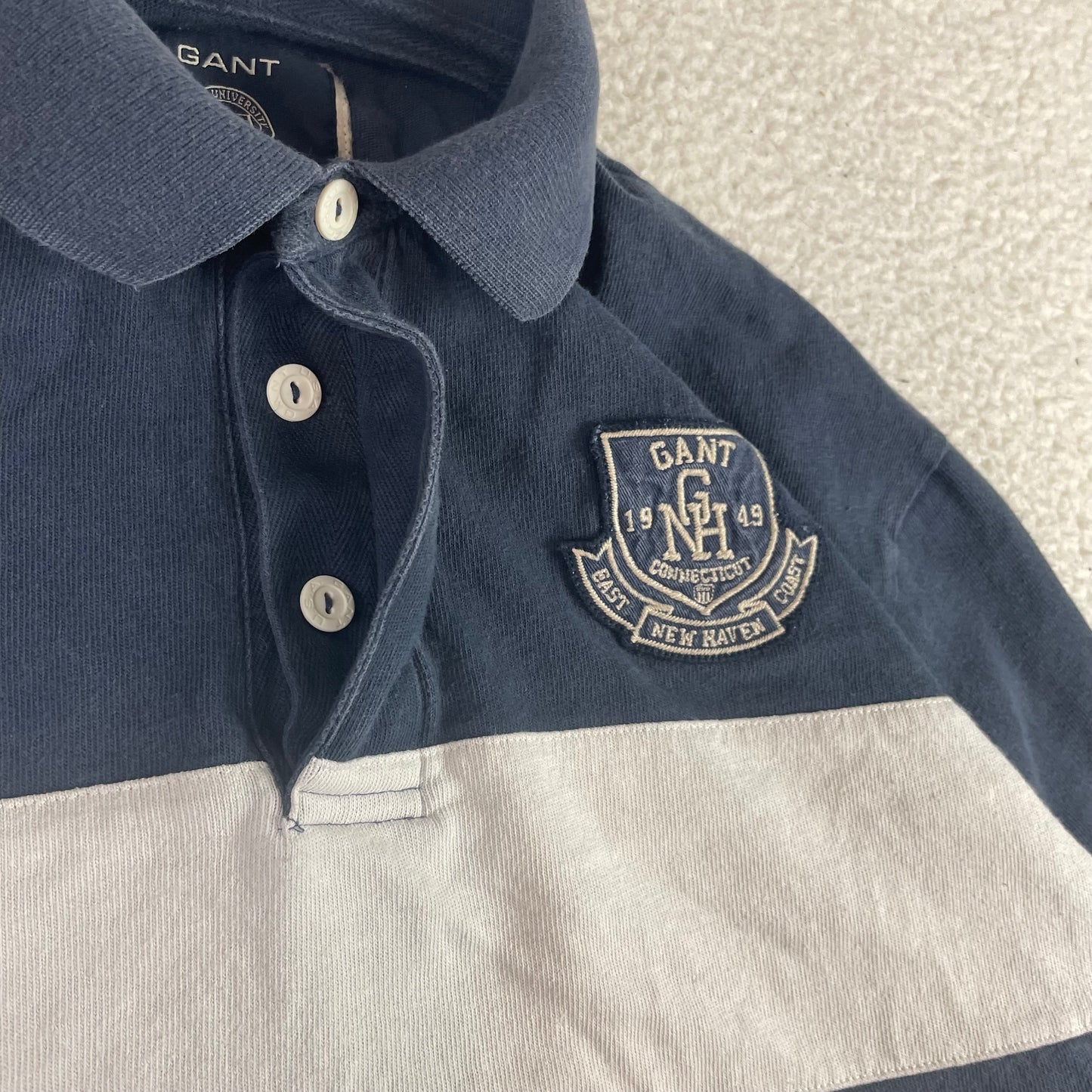 Vintage Gant White Navy Blue Stripe Rugby Polo