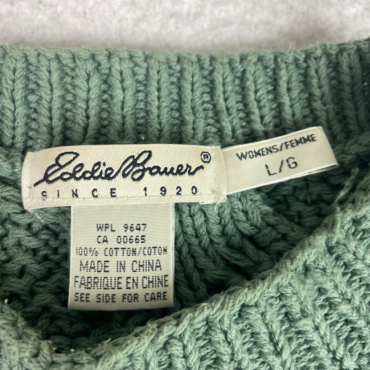 Vintage Eddie Bauer Sage Green 3D Knit Chunky Fisherman Sweater L Preppy
