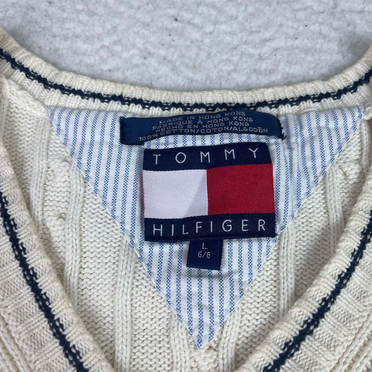 Tommy Hilfiger Cable Knit V-Neck Sweater Vest Cream Logo