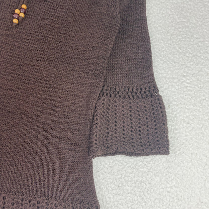 NOMI Brown Crochet Knit Bell Sleeve Beaded Tie Neck Sweater