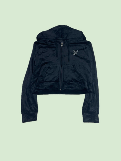Playboy Black Velour Rhinestone Cropped Hoodie