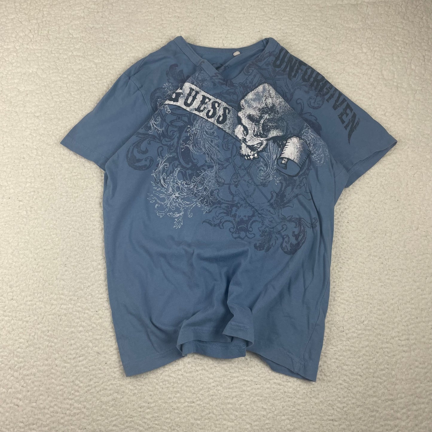 Y2K Guess V Neck Affliction Style Skulls Shirt