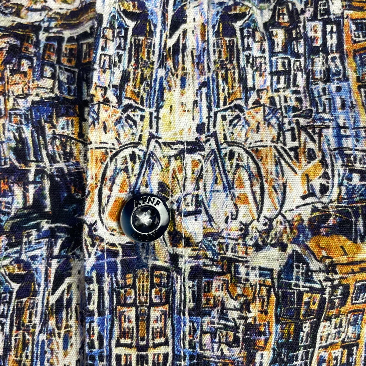 A Fish Named Fred Amsterdam Cityscape Print Button Up Shirt 2XL Artsy