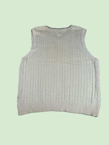 Tommy Hilfiger Cable Knit V-Neck Sweater Vest Cream Logo