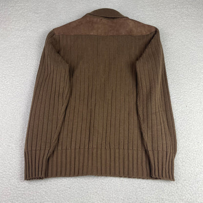 Vintage St Michael Brown Ribbed Suede Trim Zip Up Sweater 42
