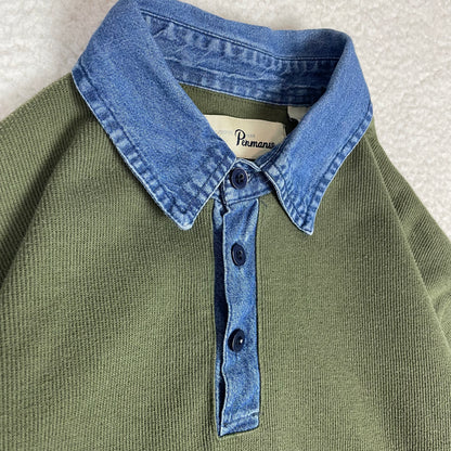 Vintage Mixed Materials Denim Ribbed Long Sleeve Polo