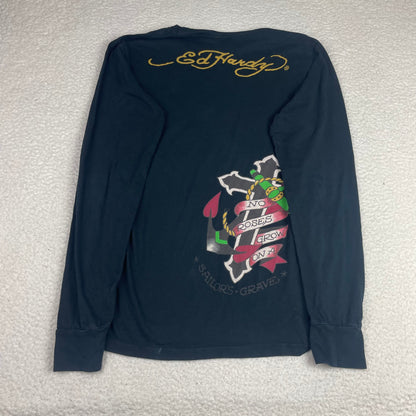 Y2K Ed Hardy Black Sailor's Grave Tattoo Graphic Long Sleeve Shirt L