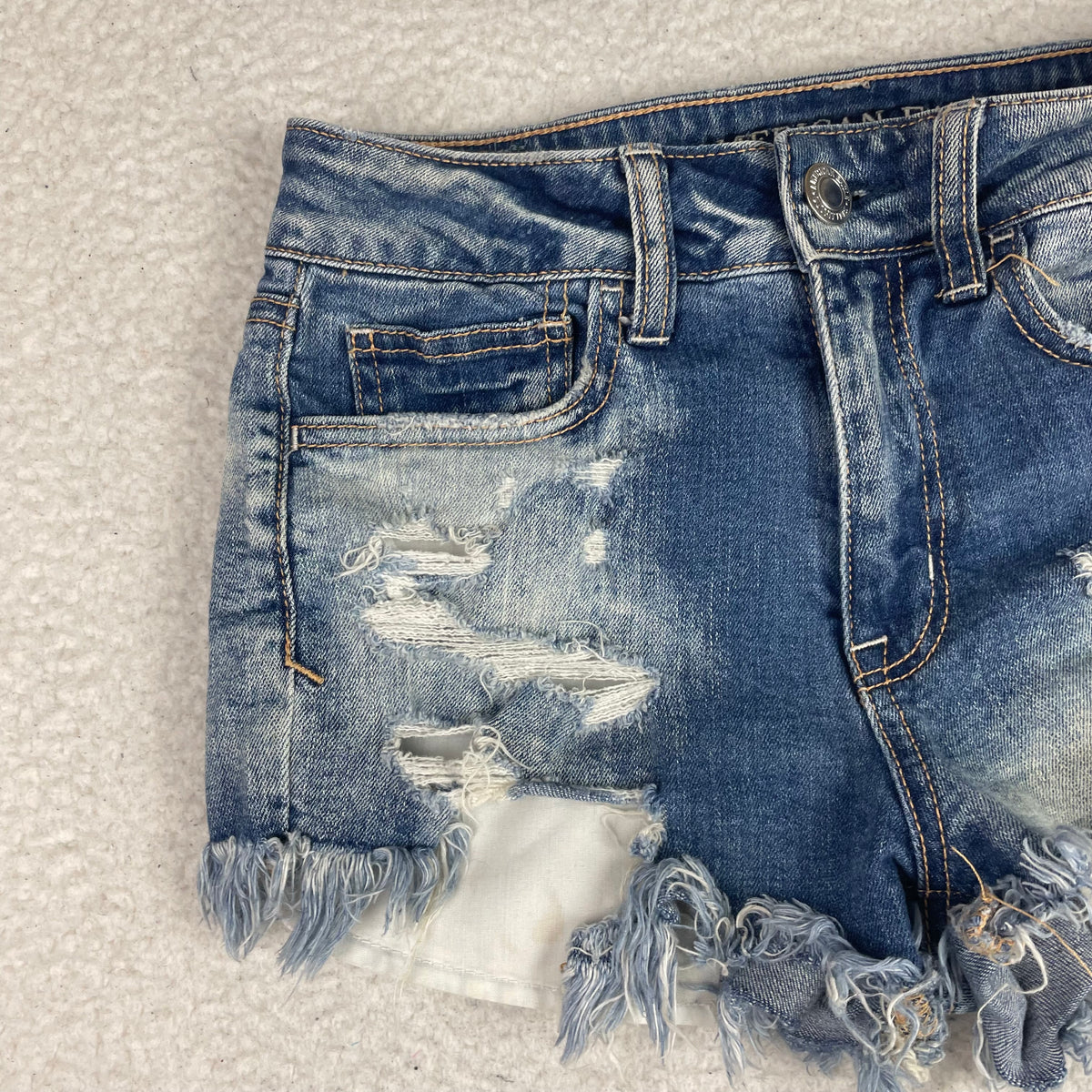 American Eagle Blue Denim Hi-Rise Shortie Denim Micro Shorts 2 Frayed