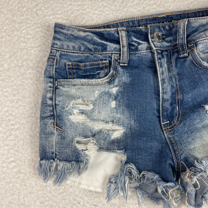 American Eagle Blue Denim Hi-Rise Shortie Denim Micro Shorts 2 Frayed