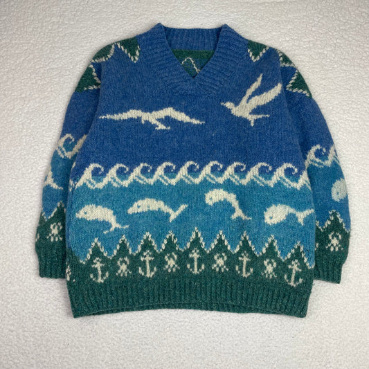 Vintage Handknit Coastal Fair Isle Blue Sweater