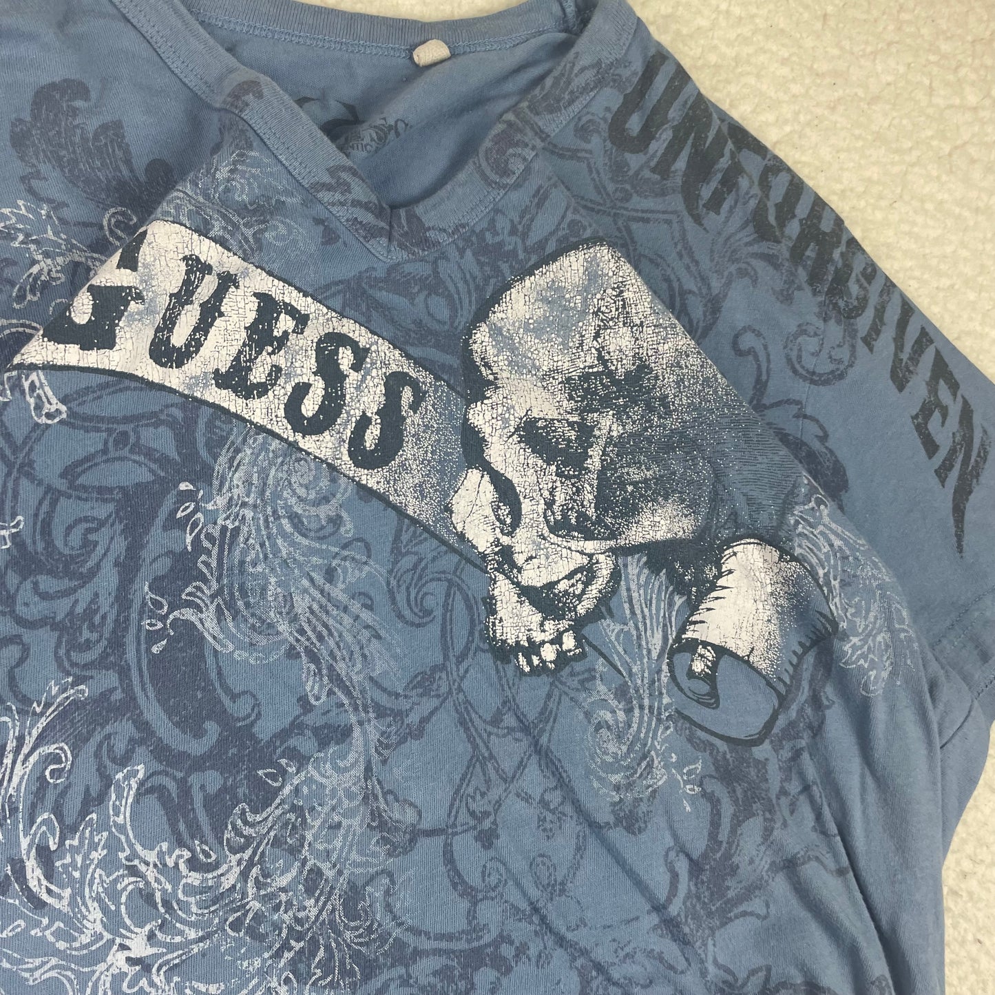 Y2K Guess V Neck Affliction Style Skulls Shirt