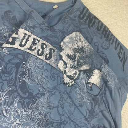 Y2K Guess V Neck Affliction Style Skulls Shirt