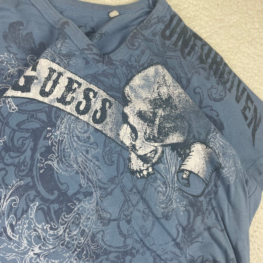 Y2K Guess V Neck Affliction Style Skulls Shirt