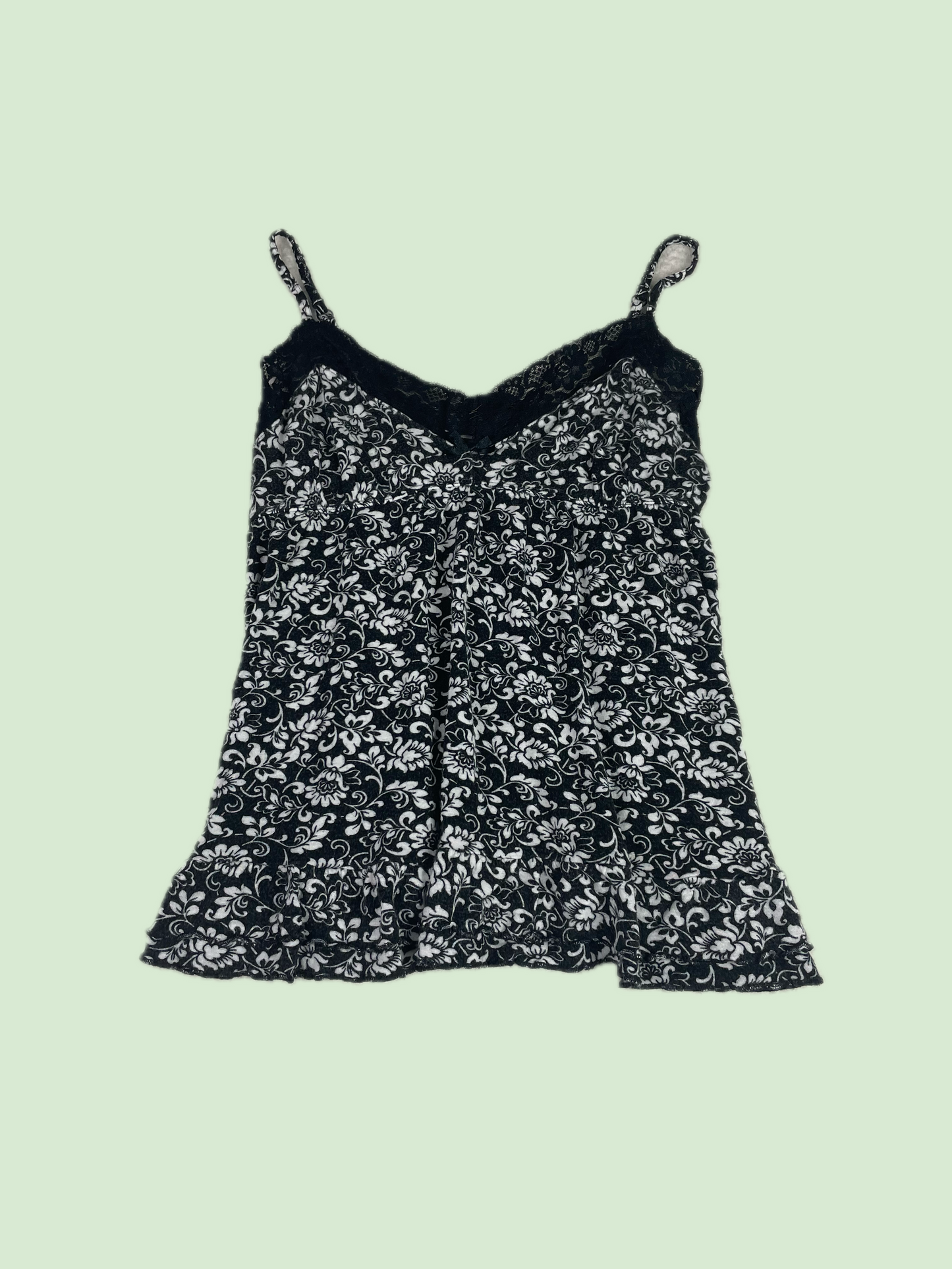 Y2K Babydoll Black White Floral Lace Trim Ruffle Hem Camisole Tank Top