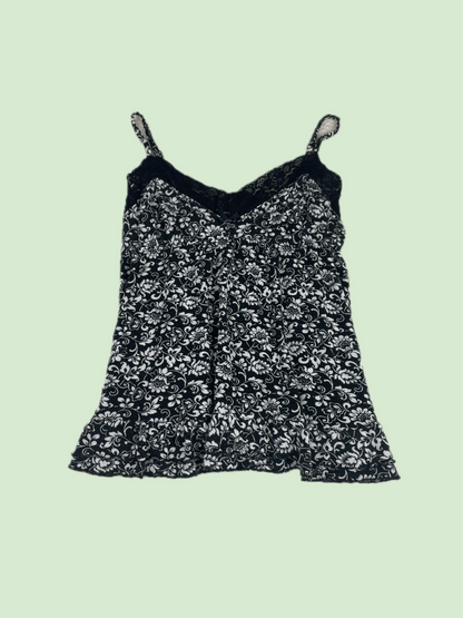 Y2K Babydoll Black White Floral Lace Trim Ruffle Hem Camisole Tank Top