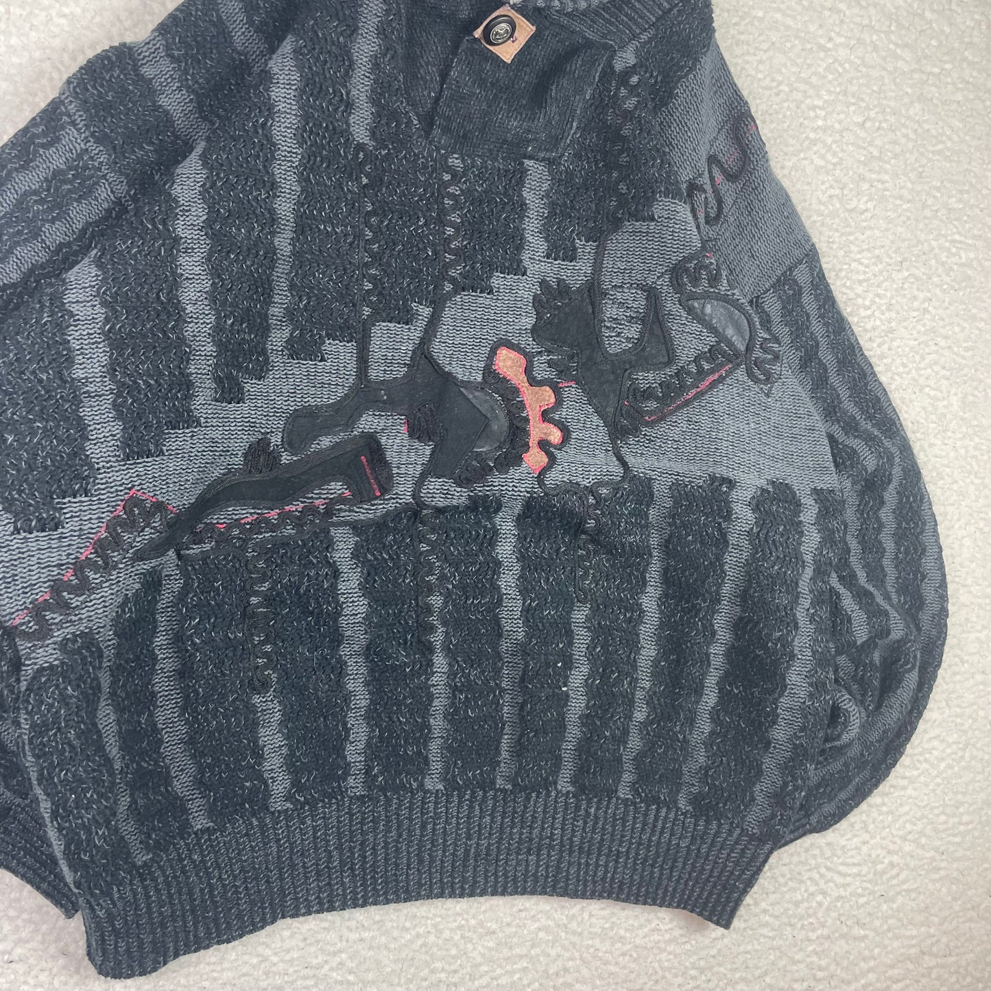 Vintage 3D Knit Texture Abstract Shawl Collar Sweater