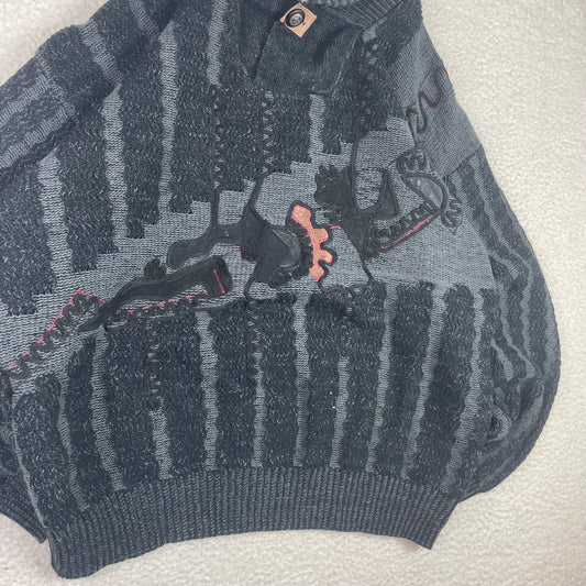 Vintage 3D Knit Texture Abstract Shawl Collar Sweater