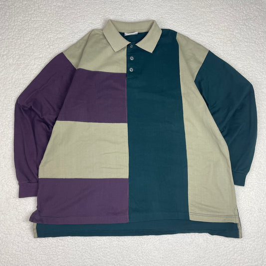 Vintage Color Block Purple Biege Green Long Sleeve Polo