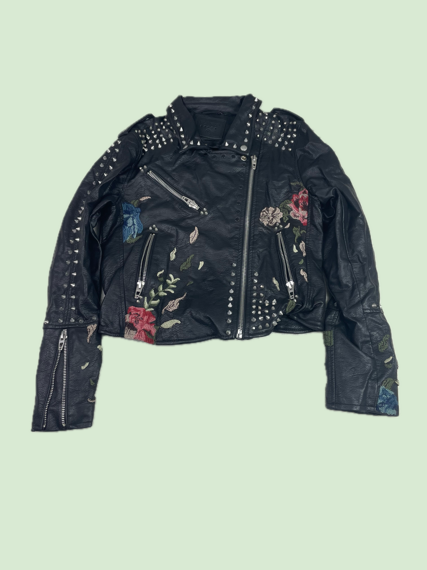 [BLANKNYC] Studded Floral Embroidered Faux Leather Moto Jacket