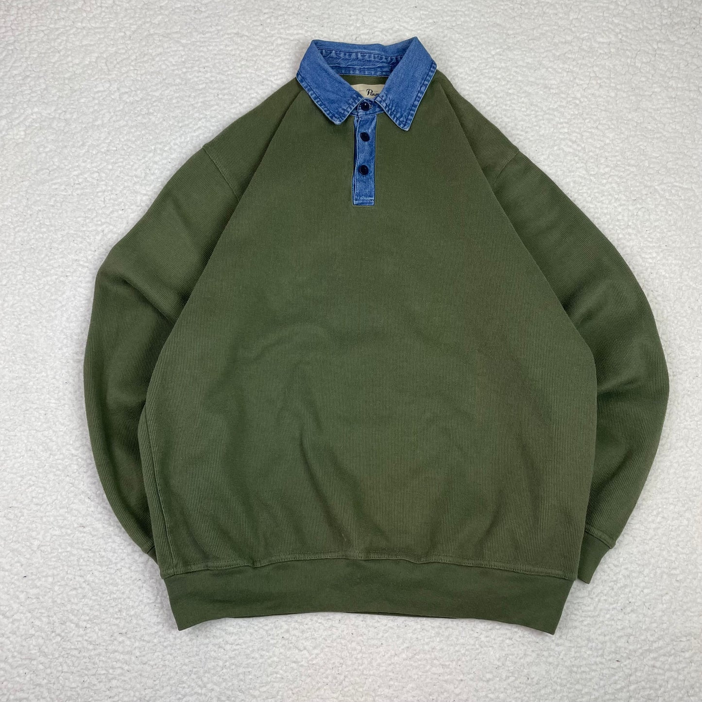 Vintage Mixed Materials Denim Ribbed Long Sleeve Polo
