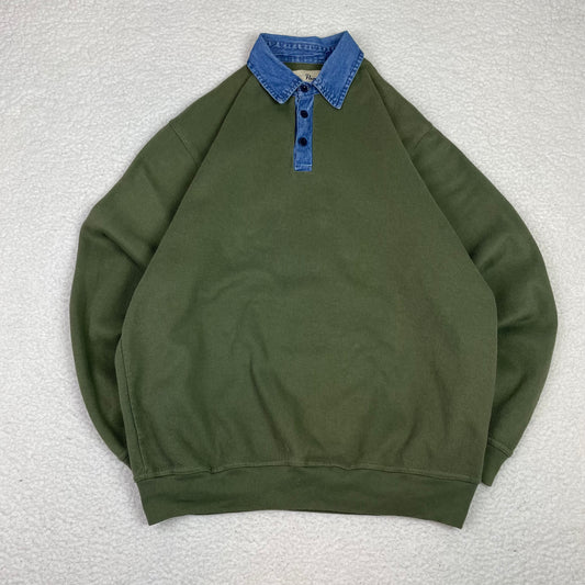 Vintage Mixed Materials Denim Ribbed Long Sleeve Polo