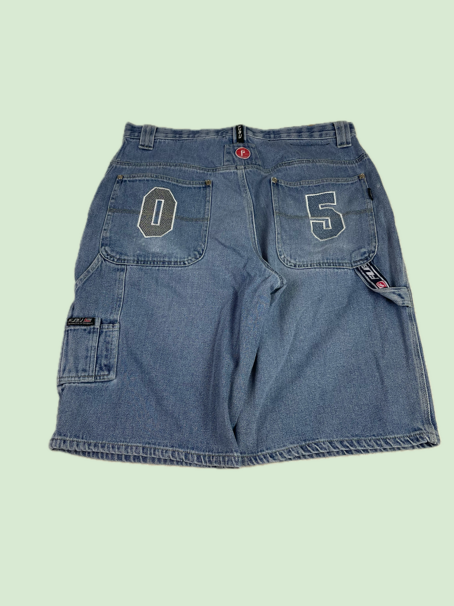 FUBU Vintage 05 Embroidered Denim Carpenter Shorts Light Wash