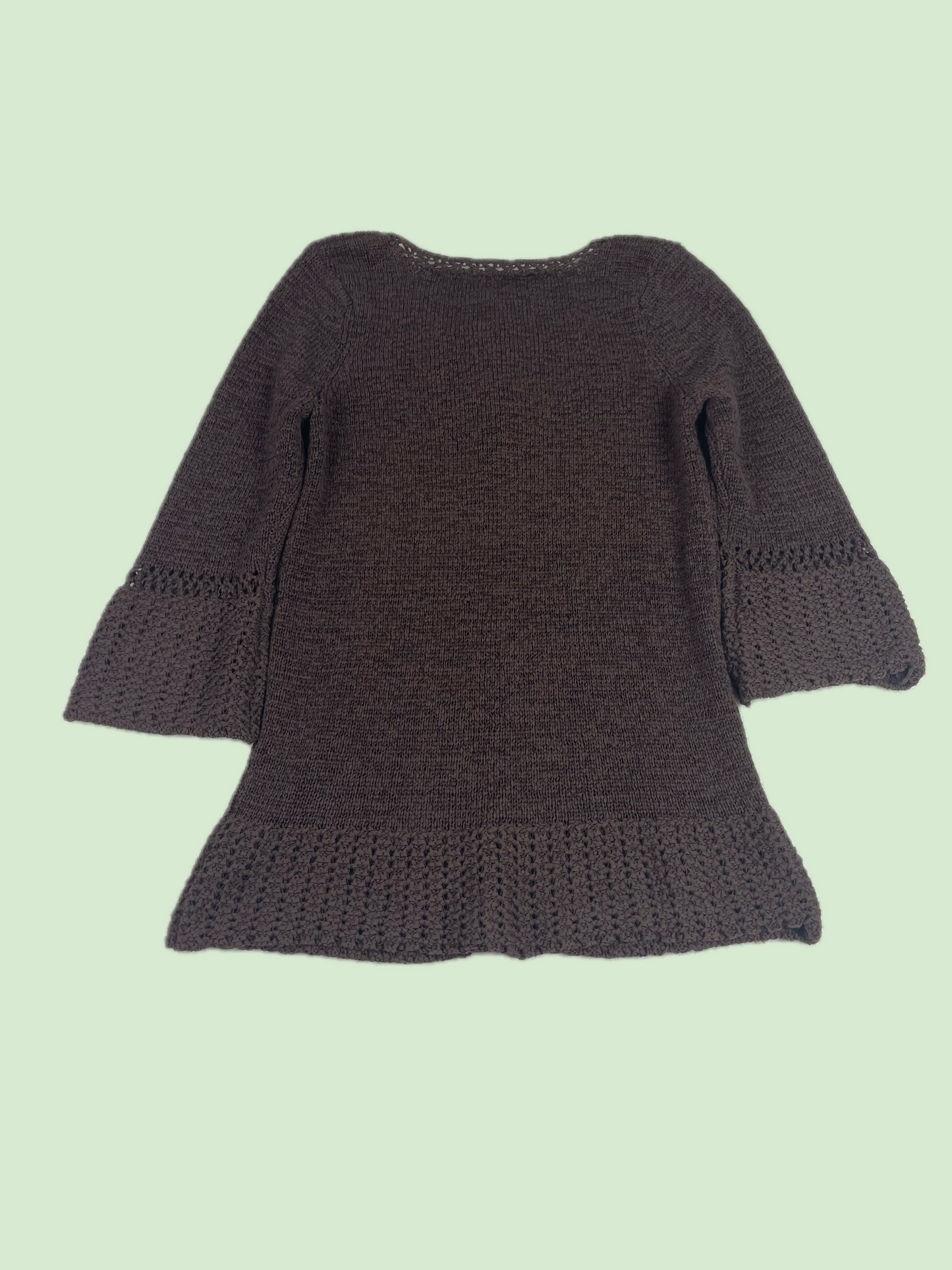 NOMI Brown Crochet Knit Bell Sleeve Beaded Tie Neck Sweater