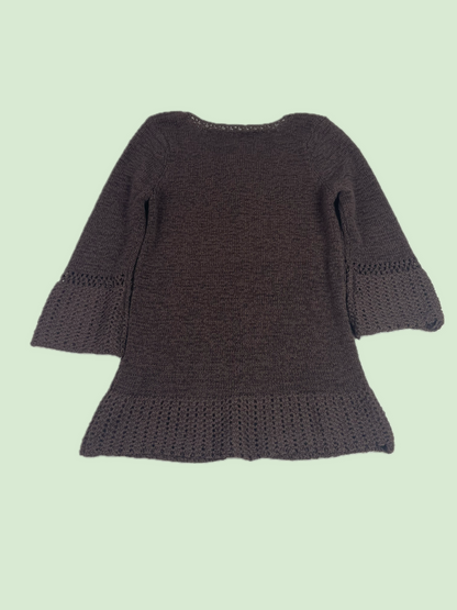 NOMI Brown Crochet Knit Bell Sleeve Beaded Tie Neck Sweater