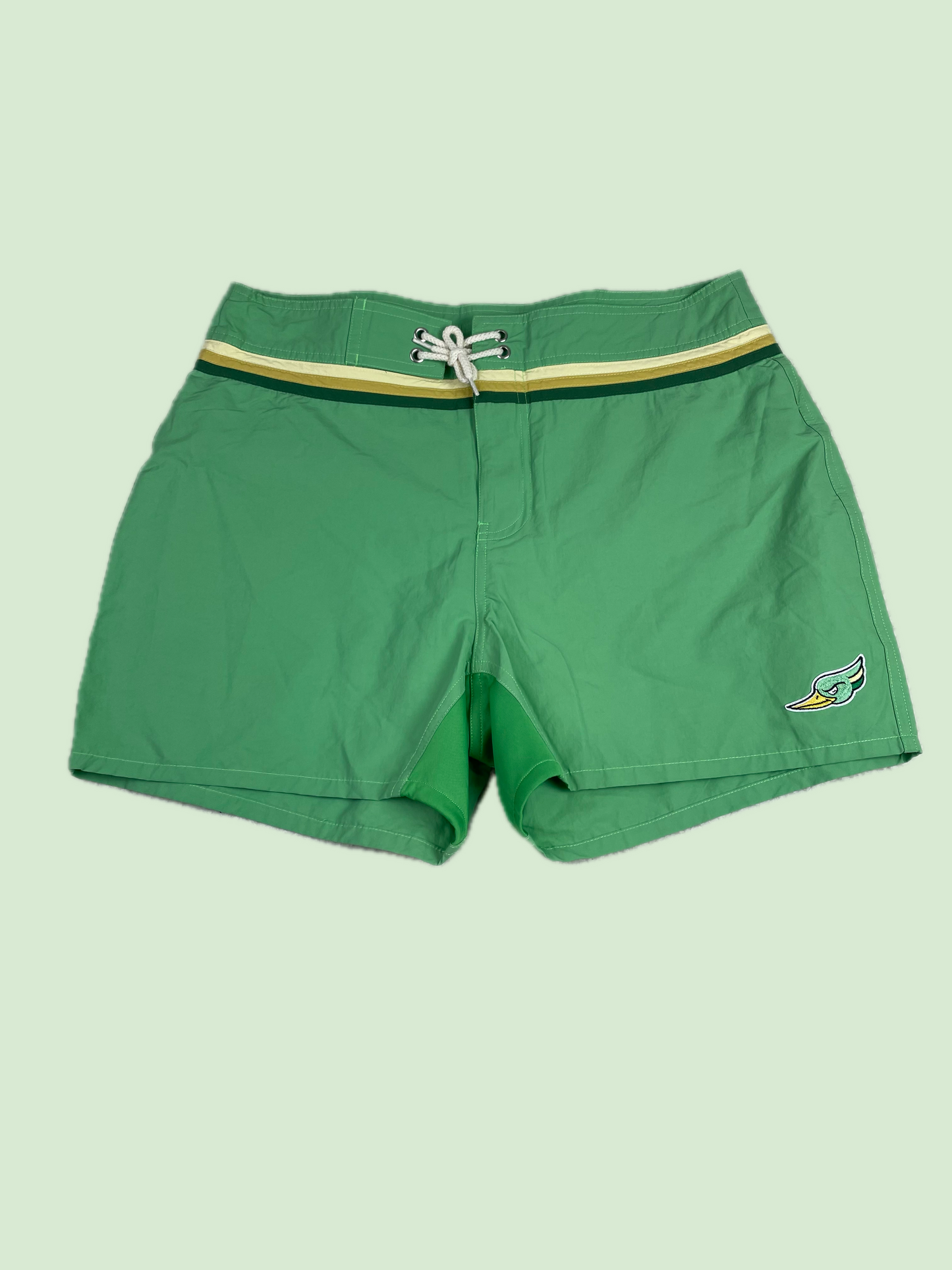 Woodpecker Green Striped Waist Embroidered Logo Board Shorts Swim Trunks