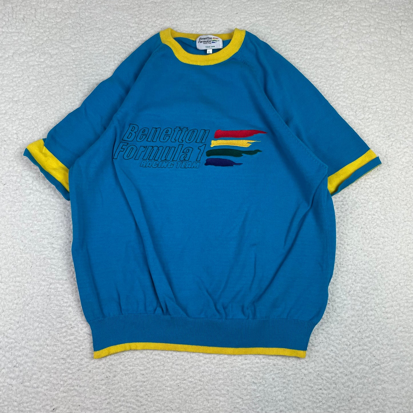 Vintage Benetton Formula 1 Knit Ringer Yellow Blue Shirt