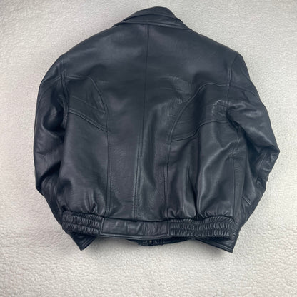 Vintage YES Black Genuine Leather Bomber Jacket L Mob Minimalist