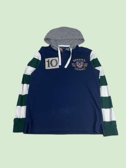 Polo Ralph Lauren Bleecker Hooded Rugby Shirt Navy Green Striped Sleeves Crest