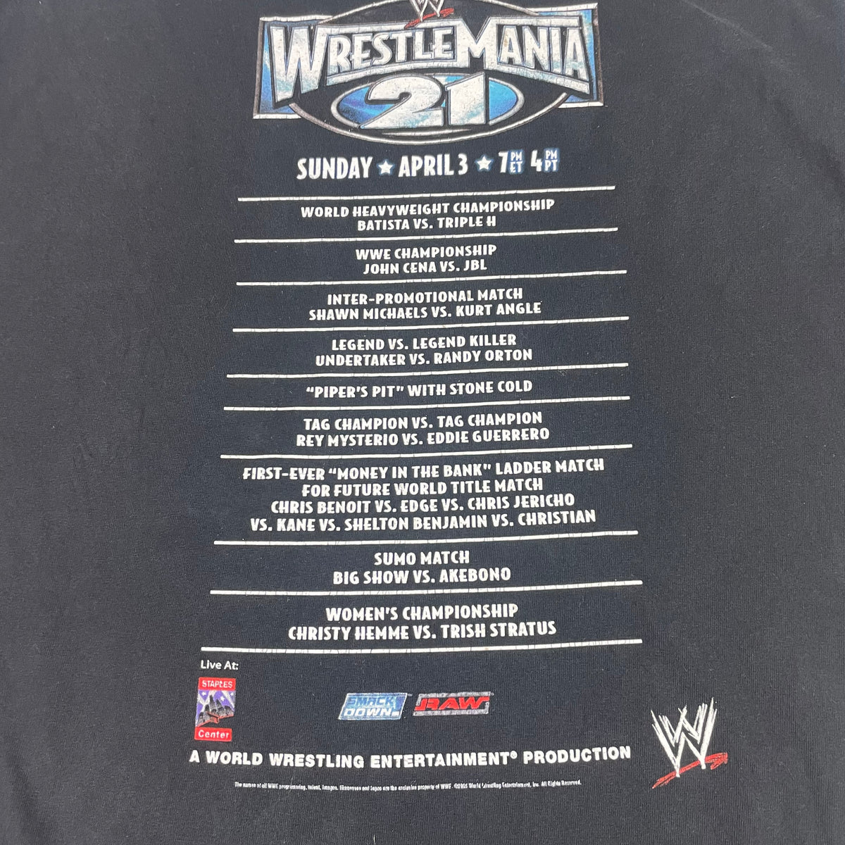 Y2K WWE WrestleMania 21 Goes Hollywood Black Graphic T-Shirt XL