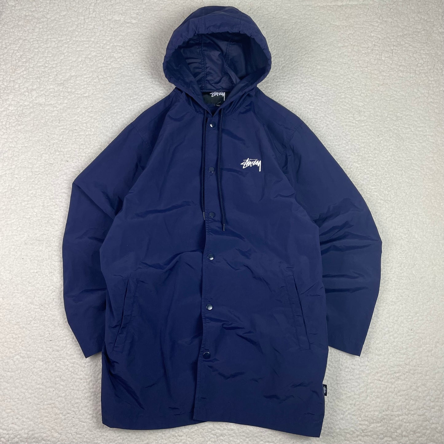 Stussy Navy Blue Snap Button Trench Rain Coat