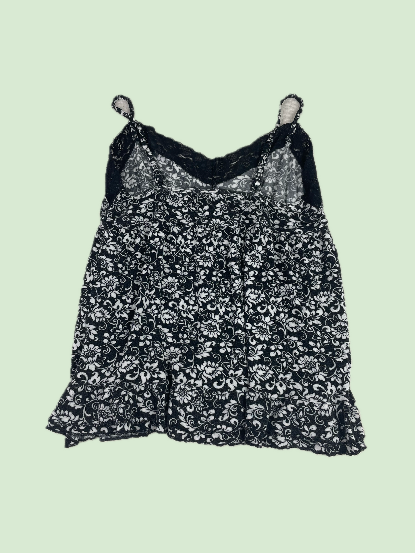 Y2K Babydoll Black White Floral Lace Trim Ruffle Hem Camisole Tank Top