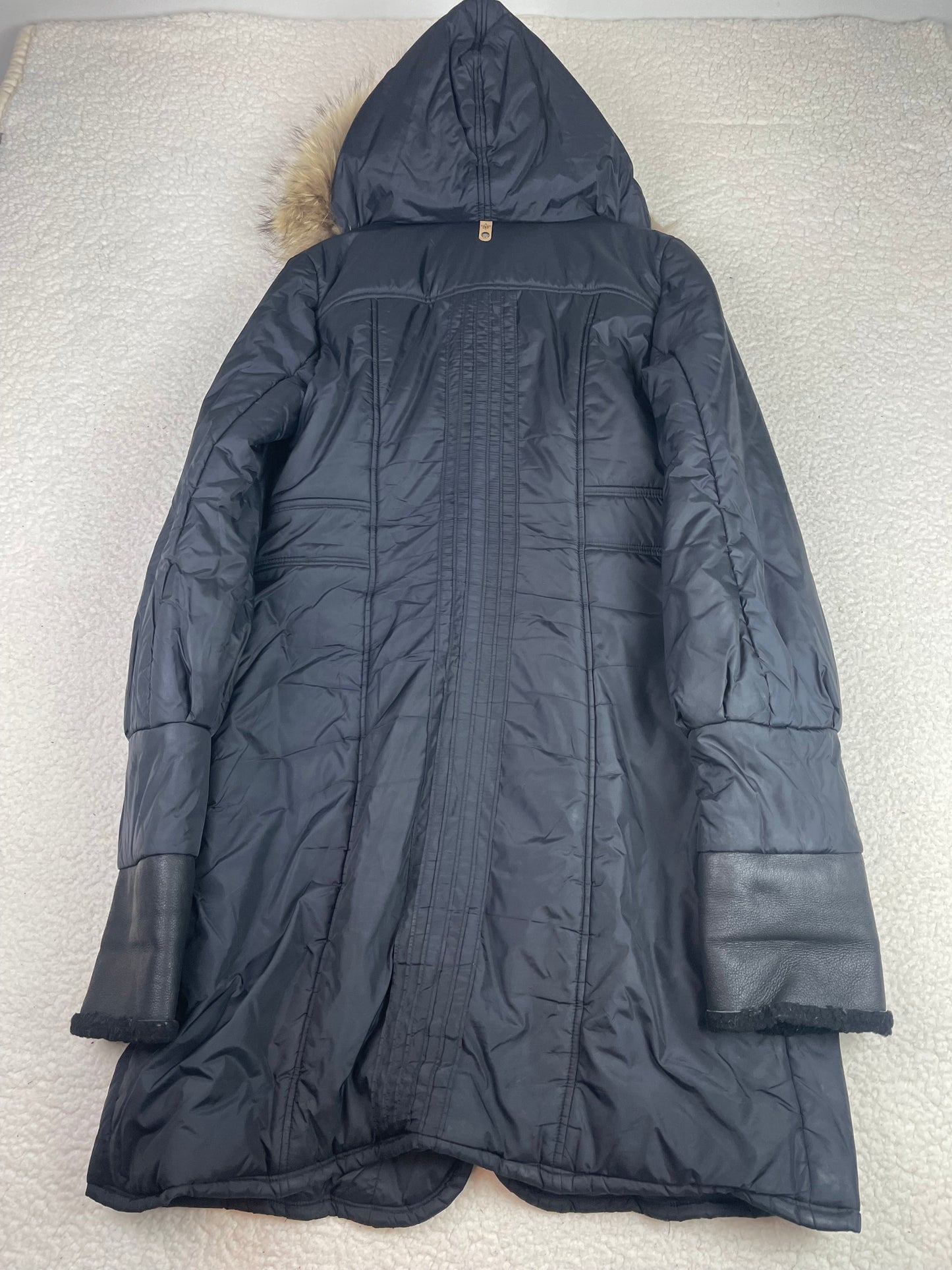 Mackage Black Fur Trim Hooded Puffer Parka Jacket Leather Trim