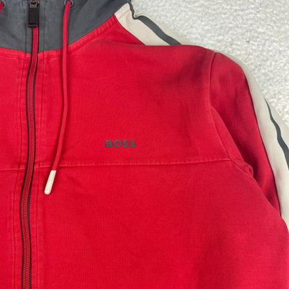 BOSS Red Grey Colorblock Striped Full Zip Hoodie L Minimalist Casual