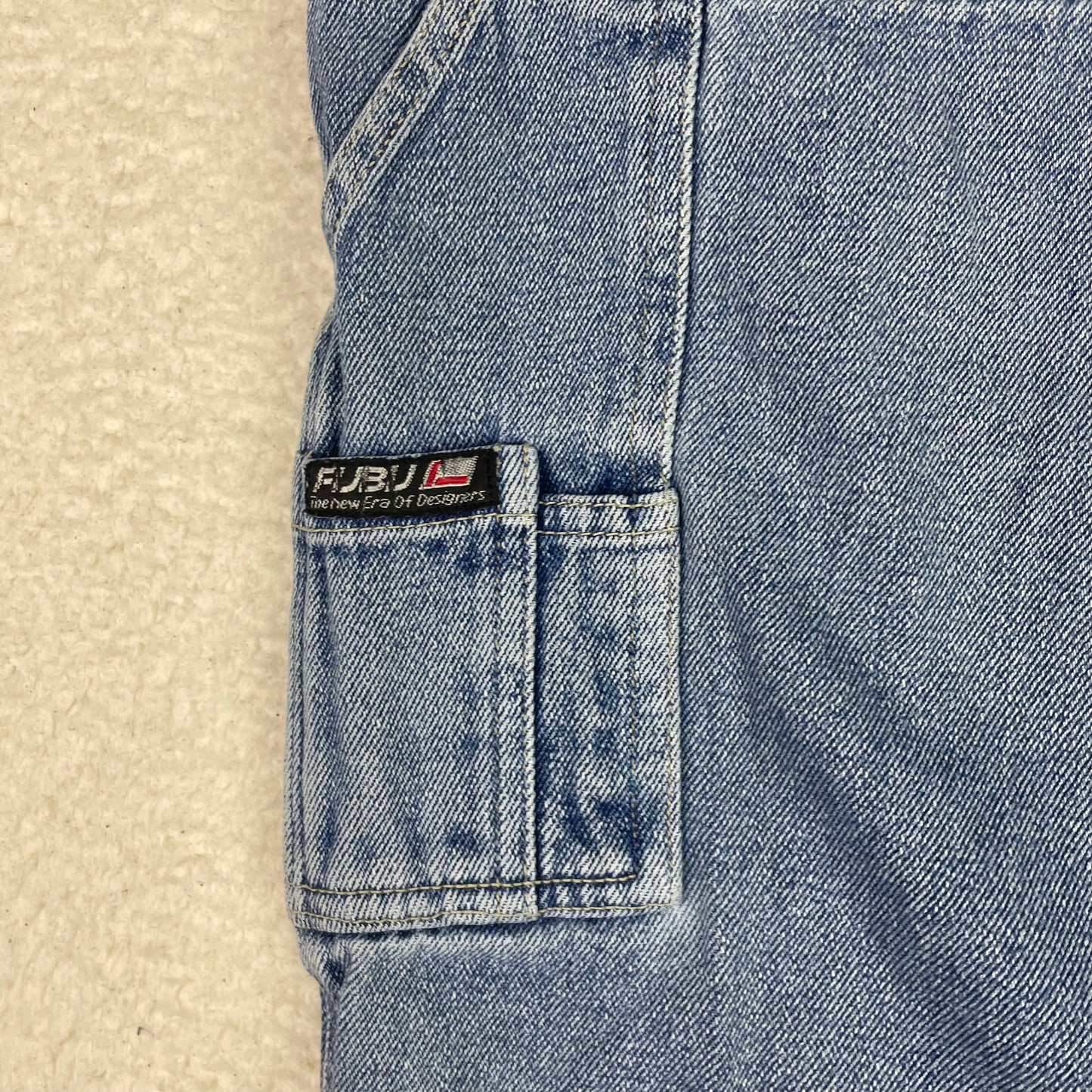 FUBU Vintage 05 Embroidered Denim Carpenter Shorts Light Wash