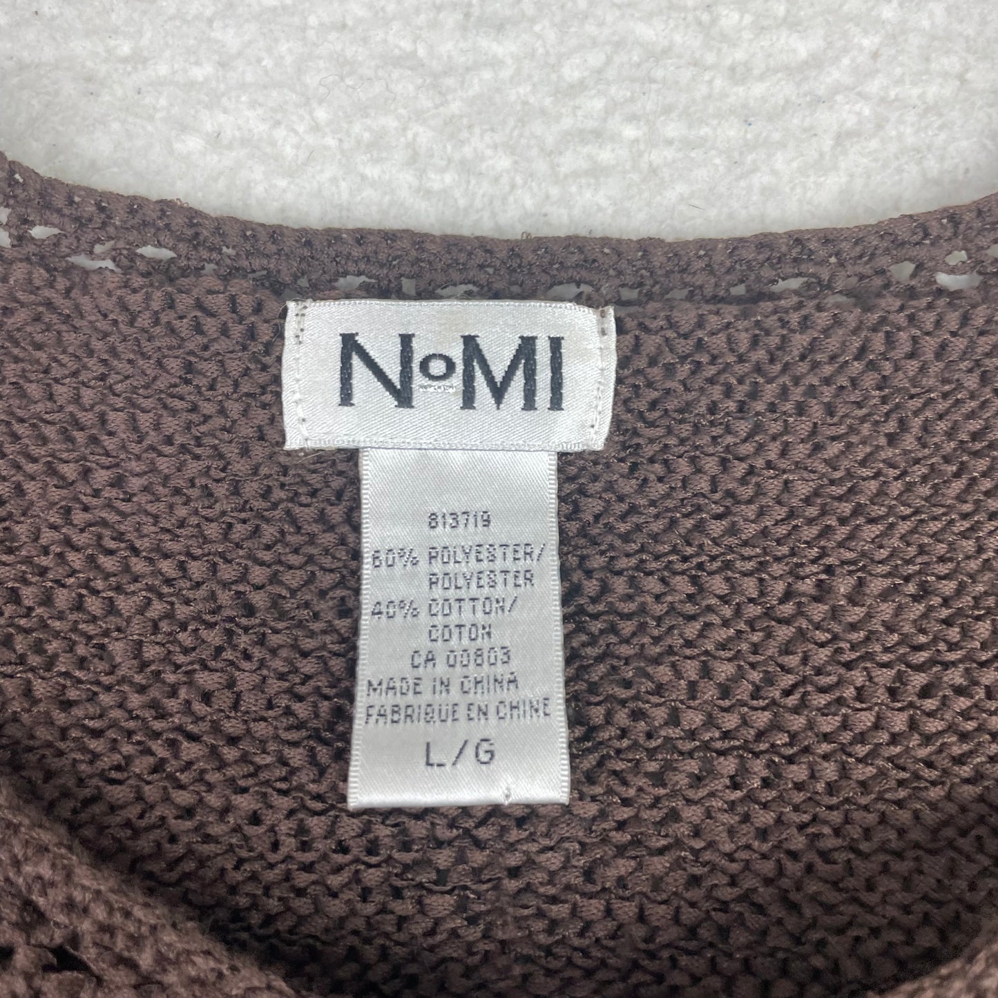 NOMI Brown Crochet Knit Bell Sleeve Beaded Tie Neck Sweater