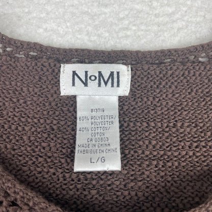 NOMI Brown Crochet Knit Bell Sleeve Beaded Tie Neck Sweater