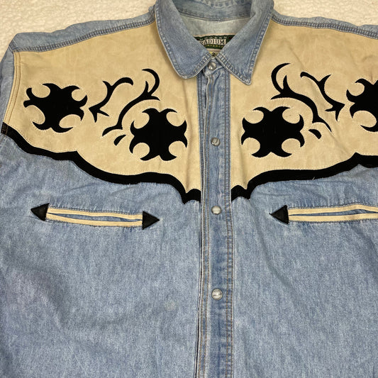 Vintage Yoke Detail Western Suede Denim Button Up Shirt